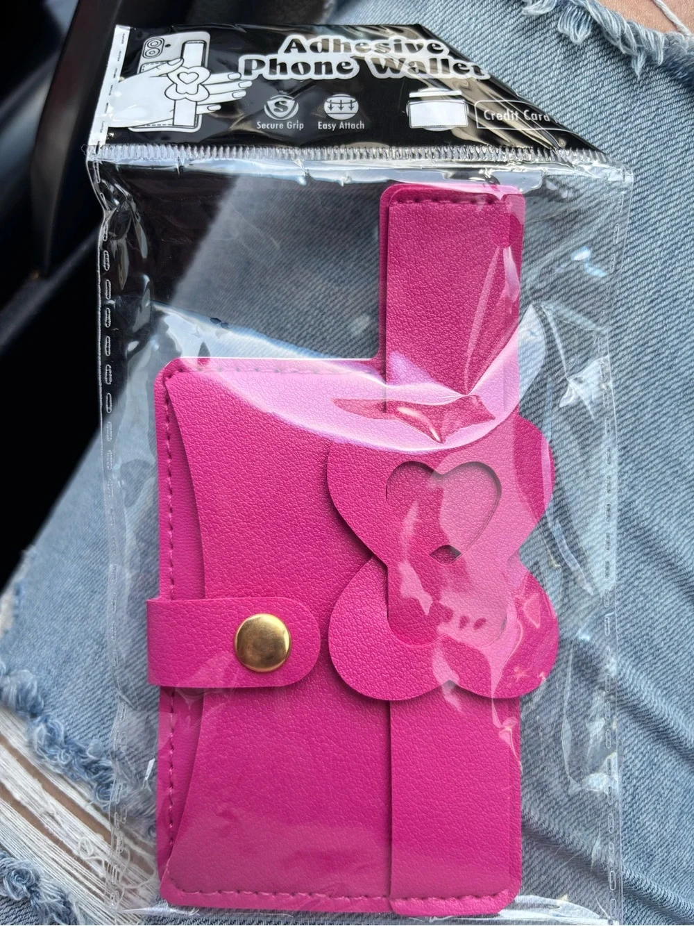 Adhesive Phone Wallet Card Holder in Hot Pink with Heart Accent